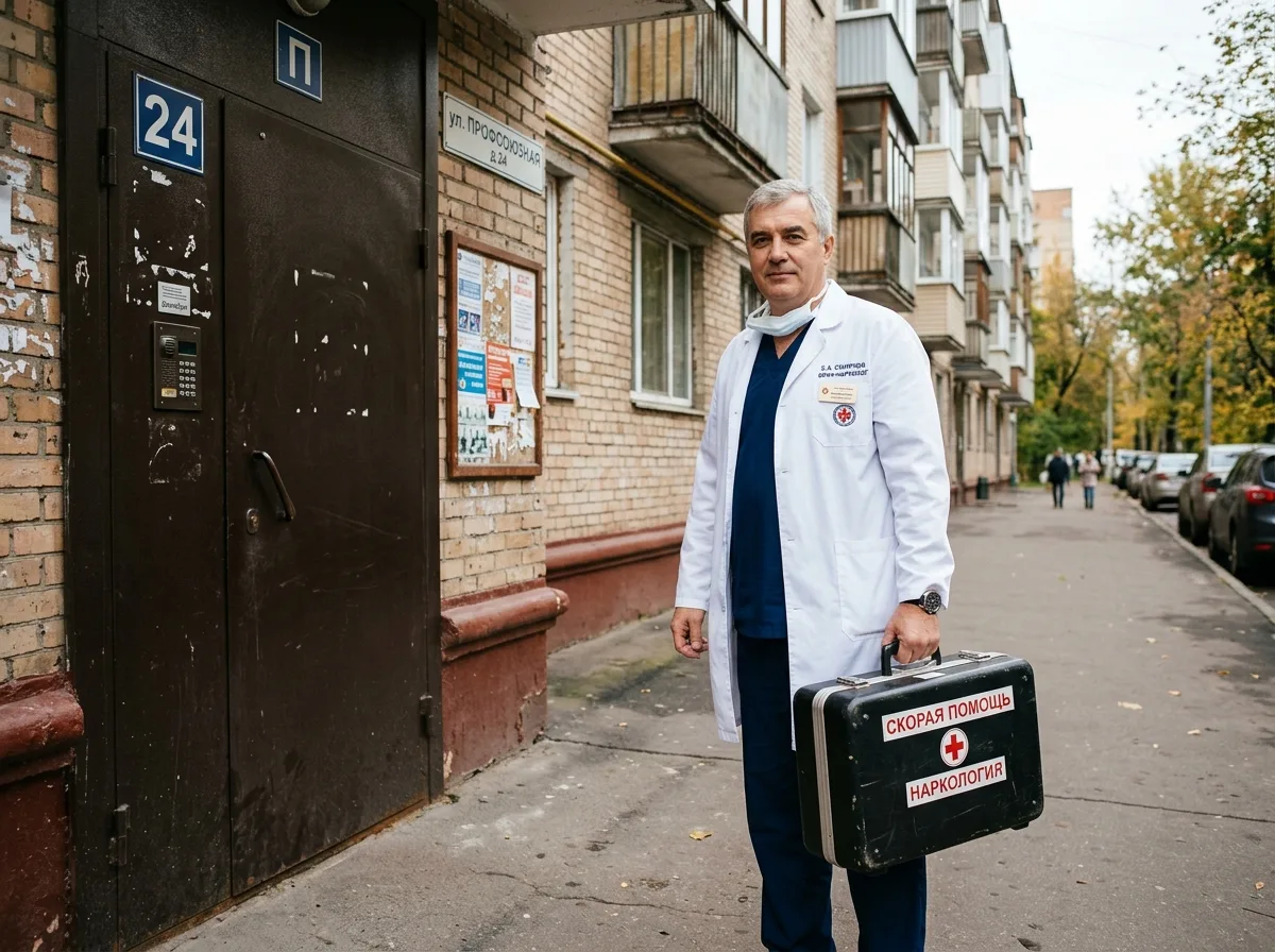 Опытный нарколог в белом халате с медицинским чемоданом стоит у двери жилого дома в Москве, готов к выезду, профессиональный и уверенный вид