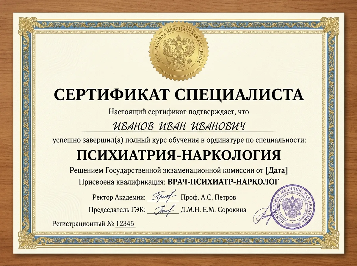 Сертификат специалиста врача-нарколога, документ об окончании ординатуры по психиатрии-наркологии