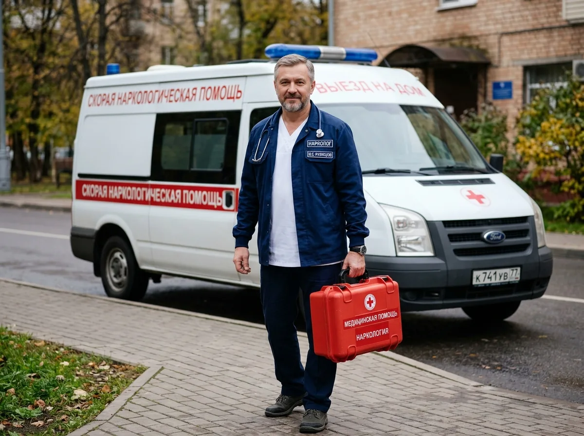 Портретное фото Кузнецова Ильи Сергеевича, врач-нарколог с медицинским чемоданом, готов к выезду на вызов, профессиональный вид