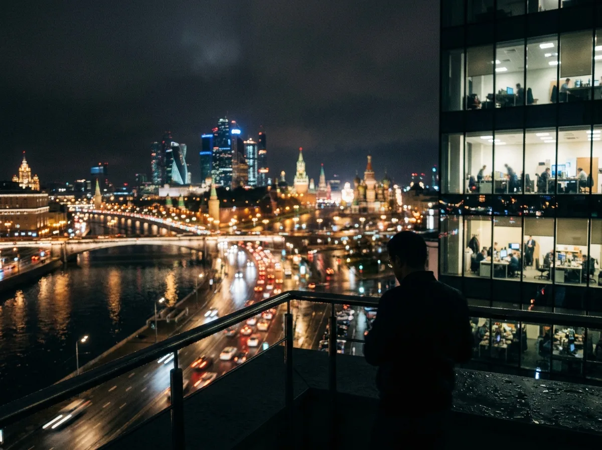 Тёмный размытый фон — ночной город Москва с огнями, создаёт атмосферу срочности и круглосуточной работы